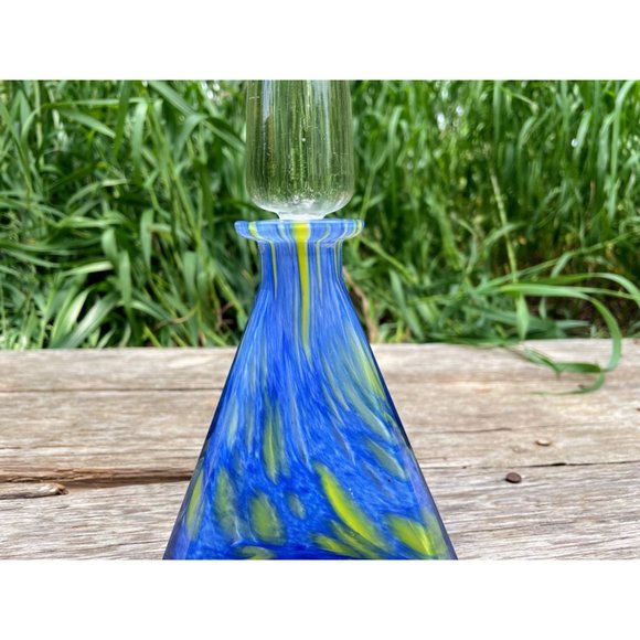 Vintage 1960s MCM Art Glass Petite Decanter Blue Yellow Swirl - Picture 12 of 16